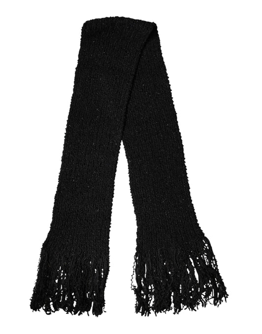 Dolce & Gabbana Black Wool Fringes Neck Wrap Foulard Scarf