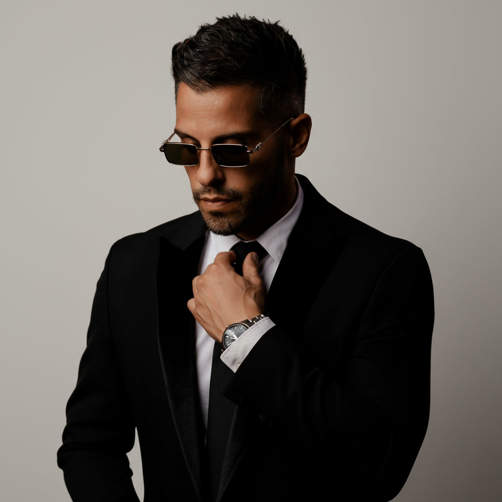 Man in a black suit adjusting his tie from farshafa.com