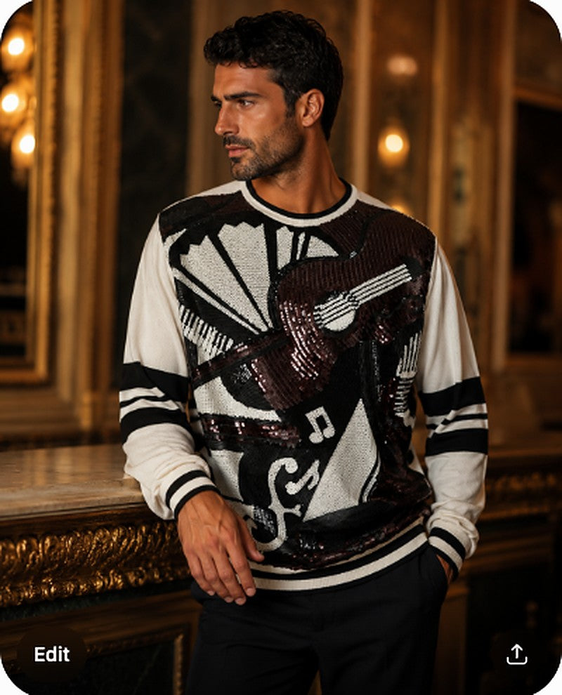 Model wearing Dolce & Gabbana White Jazz Sequined Guitar Pullover Top Sweater